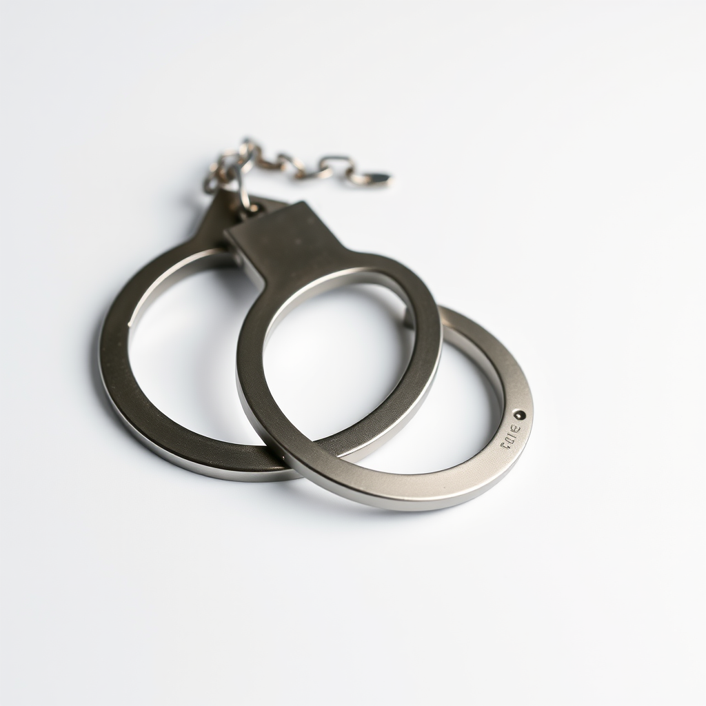Create a high-resolution image of handcuffs on a plain background using a DSLR camera with a 50mm lens, aperture f/1.8, ISO 100, and a shallow depth of field for a sharp focus on the handcuffs.
