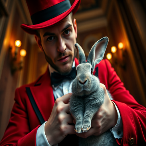 A stylish magician in a red suit and top hat poses with a grey rabbit, soft ambient lighting, depth of field focus on the subjects, 50mm lens, f/1.8 aperture, ISO 100, captured with a full-frame DSLR, low-angle view for dramatic effect.