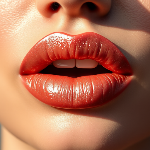Dreamy woman lips showcasing a shimmering champagne lip gloss, luminous and multidimensional, reflecting light beautifully, enhancing natural lip shape