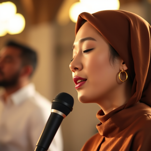 A close-up portrait of a asian woman with her eyes closed, singing into a microphone, positioned on the right side of the frame, facing the viewer. She is wearing a brown headscarf, gold earrings, and a brown blouse, and is bathed in warm, golden light emanating from the windows behind her. A blurred figure of a man singing into a microphone is visible in the background. The scene has a sense of calm and spirituality.