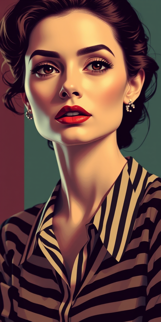 Create a retro-style vector illustration of a woman with elegant features, wearing a striped blouse, soft lighting, high-resolution, 50mm lens, f/1.8 aperture, shot from a 45-degree angle, using a digital camera with vibrant color settings.