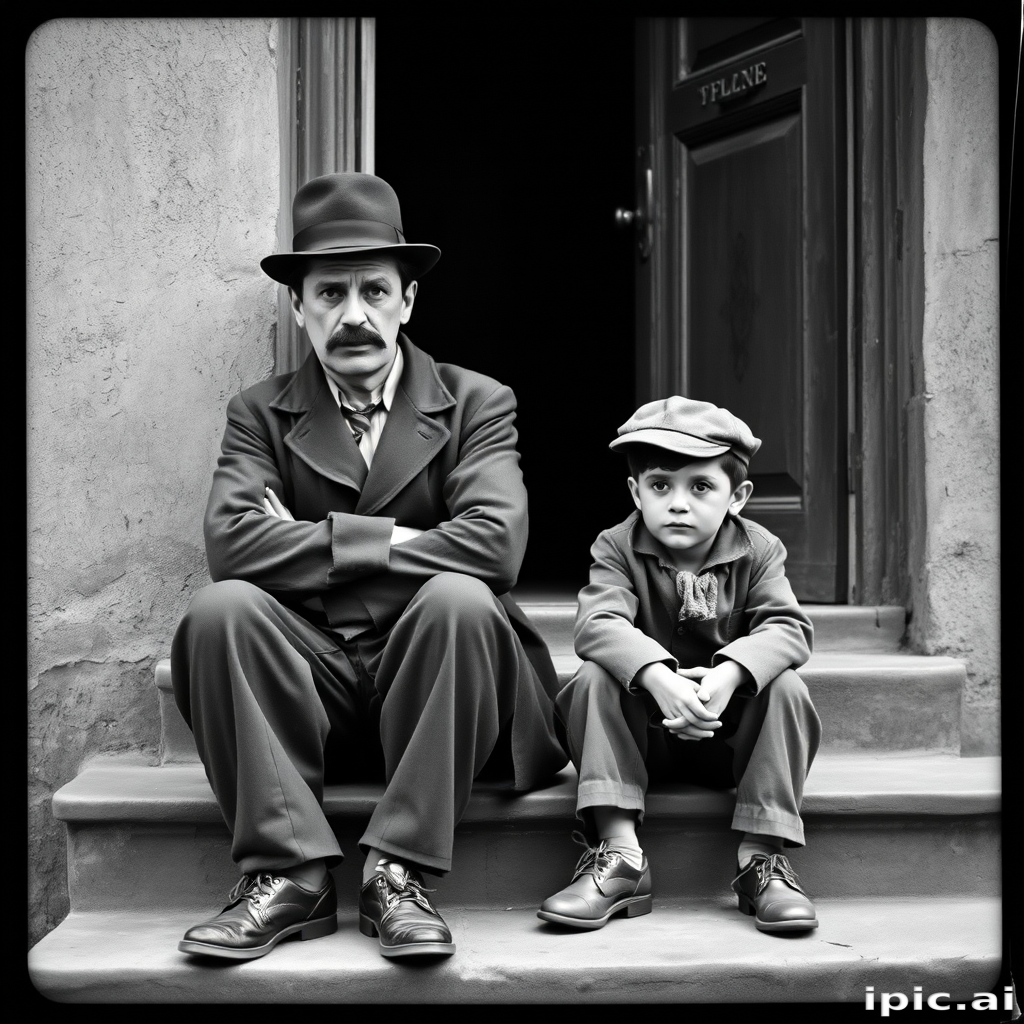 A black-and-white photograph of a man and a child sitting on steps in front of a doorway. The man is dressed as a tramp with a bowler hat, mustache, and ragged clothes, reminiscent of Charlie Chaplin's iconic look. He is sitting with his arms crossed and an expression of slight sadness or frustration. Next to him is a young boy, also in worn clothes and a cap, sitting with his hands clasped, looking thoughtful. The background is an old, textured wall and a partially open door, creating a vintage, early 20th-century atmosphere.