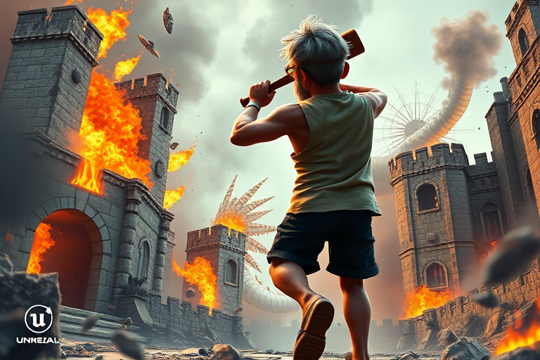 Cartoon 3D High-Resolution,dynamic battle scene using Unreal Engine 5 and Octane Render. The scene features back of an elderly, thai man with a beard,messy hair and round golden-rimmed glasses. He is wearing a tattered tank top with soot marks, shorts, and sandals. sweating. he wields a baseball bat. He jump to fight with a white fire-breathing Europe dragon amidst a partially destroyed stone castle. Include intense flames, smoke, and debris to enhance the dramatic effect.