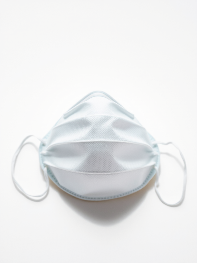Create a detailed, high-resolution image of an FFP2 mask on a plain background, using a macro lens at f/2.8, ISO 100, shutter speed 1/250 sec, with soft natural lighting to enhance texture and details.