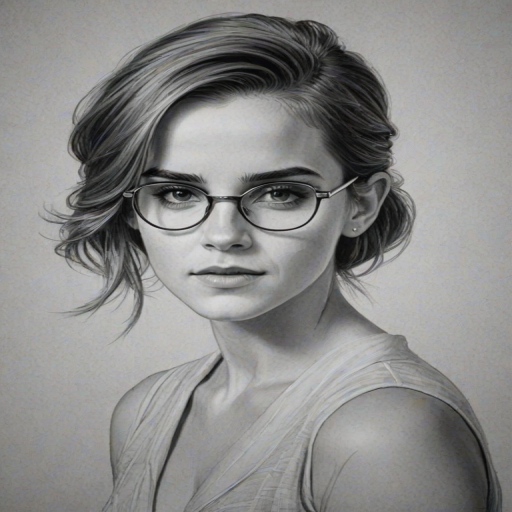 Alluring Emma Watson, pencil sketch, portrait of Captivating woman 1961s in glasses, hair style beatnik, outline, clear lines, fine lines, 8k