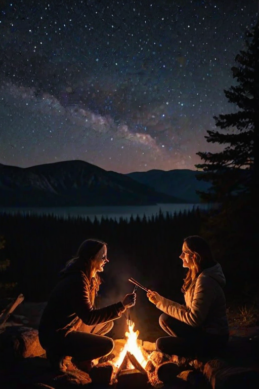 Warmly lit image of a couple roasting marshmallows over a crackling campfire, soft glow from the flames casting flickering shadows on their faces, with distant trees silhouetted against a starry sky.