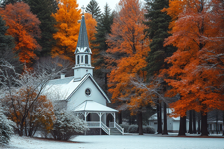 Regenerate a picturesque scene of a snow-covered church surrounded by tall trees in autumn colors, using a Canon EOS 5D Mark IV, with a 24-70mm f/2.8 lens, aperture set to f/8, ISO 100, and a soft focus style to enhance the serene atmosphere and detailed textures.