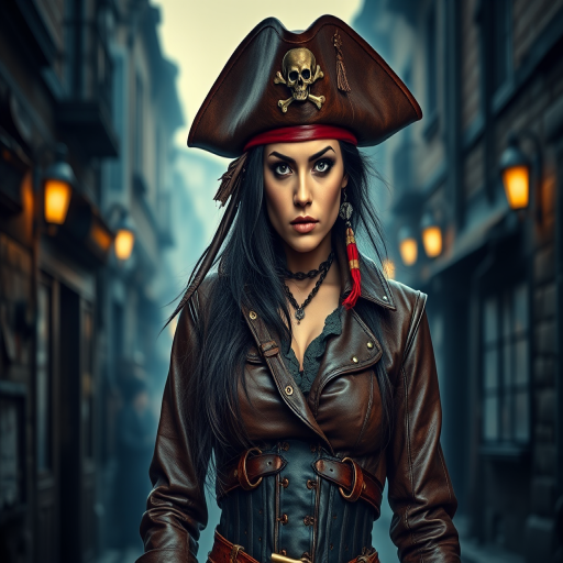 Create a portrait of a fierce female pirate. She wears a leather tricorn hat adorned with a skull and crossbones emblem, and her long, dark hair flows around her face. Her outfit consists of a richly detailed leather jacket, a corset, and multiple layers of belts and accessories, giving her a formidable and stylish appearance. She stands confidently in a dimly lit, historic port town, with a backdrop of weathered buildings and cobblestone streets, capturing the adventurous spirit of a pirate.