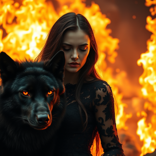 A woman with long dark hair, wearing a black lace dress that seamlessly blends into her skin with intricate floral patterns. She is in the foreground, with a black wolf beside her; its fur is midnight black, and it has glowing, intense, orange eyes that match hers. Her eyes are partially closed with burning embers above them, giving a fiery and mystical aura. The background is engulfed in tall, roaring flames, contributing to an overall dark and supernatural atmosphere. The colors are intense, predominantly black, fiery orange, and deep reds, with sharp contrast highlighting the mysterious and fierce theme. The flames are bright and dynamic, casting dramatic light and shadow, illuminating the woman and wolf while leaving parts in near darkness. The image evokes a sense of otherworldly power and connection between the woman and the wolf.