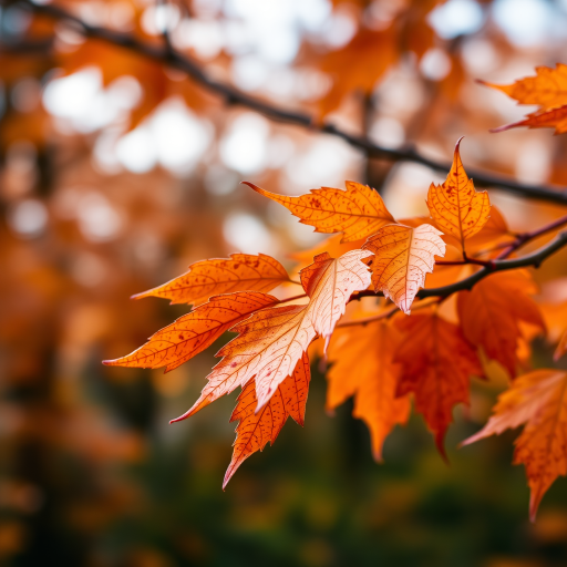 Close-up of autumn leaves on a branch with a blurred background of orange and brown foliage, aperture f/2.8, shutter speed 1/200s, ISO 100, taken with a DSLR camera using a macro lens, softly diffused natural light.
