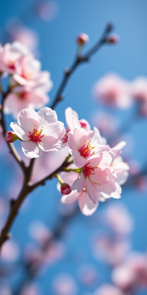 macro shot of cherry blossom flowers in full bloom against a blue sky, aperture f/2.8, shutter speed 1/500s, ISO 200, DSLR camera, shallow depth of field, vibrant colors, soft focus background