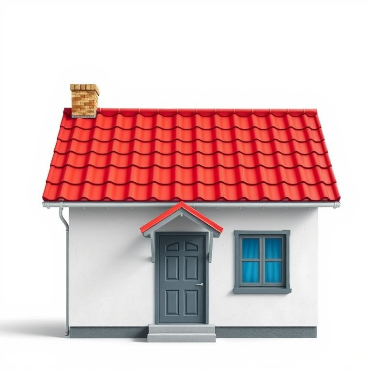 Create a detailed vector illustration of a house with a red roof, featuring a gray door and blue window, shot with a Canon EOS R5 at f/8 aperture, ISO 200, using a wide-angle lens, in a well-lit studio setting for enhanced clarity and color vibrancy.
