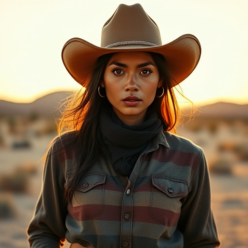 Dramatic photo of a beautiful Cambodian woman, classic cowboy attire, confident and free spirit expression, half-length portrait, centered, golden hour desert landscape, warm, diffused light, low angle, medium format film camera, in style of Annie Leibovitz.