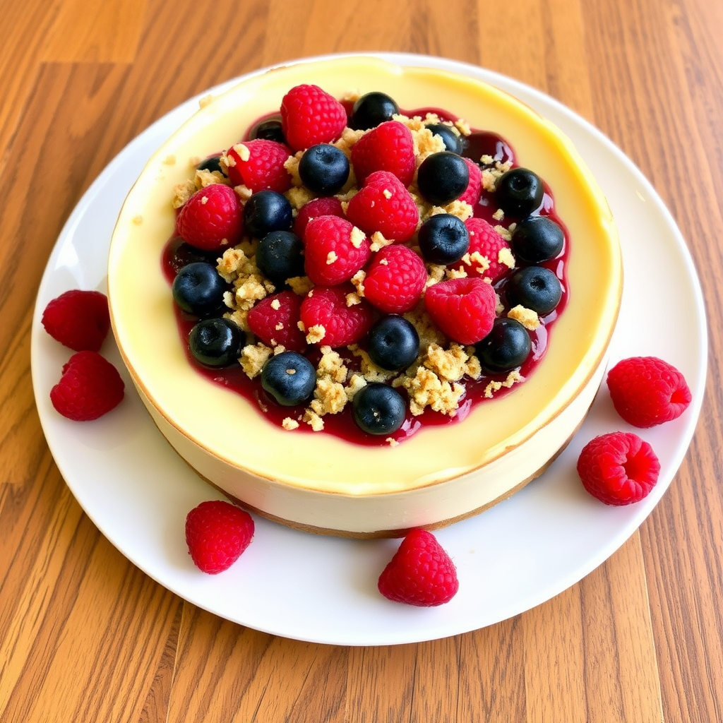 A delicious cheesecake topped with a layer of mixed berries and a crumbly topping, placed on a white plate with fresh raspberries scattered around, set on a wooden surface.