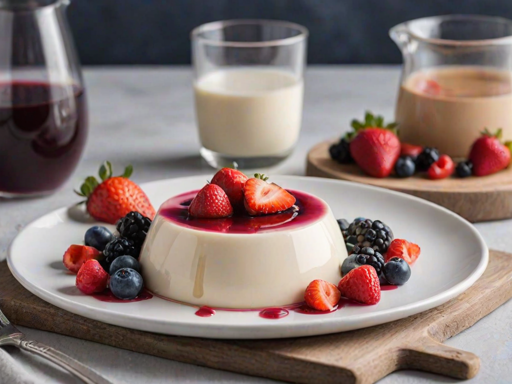 Create an image of a creamy panna cotta dessert served on a white plate. The panna cotta should have a smooth, glossy finish and be topped with a vibrant mix of fresh berries, including strawberries, raspberries, and blueberries, along with a drizzle of strawberry sauce. The setting should include a wooden serving board and a soft, blurred background with a glass of rose wine.