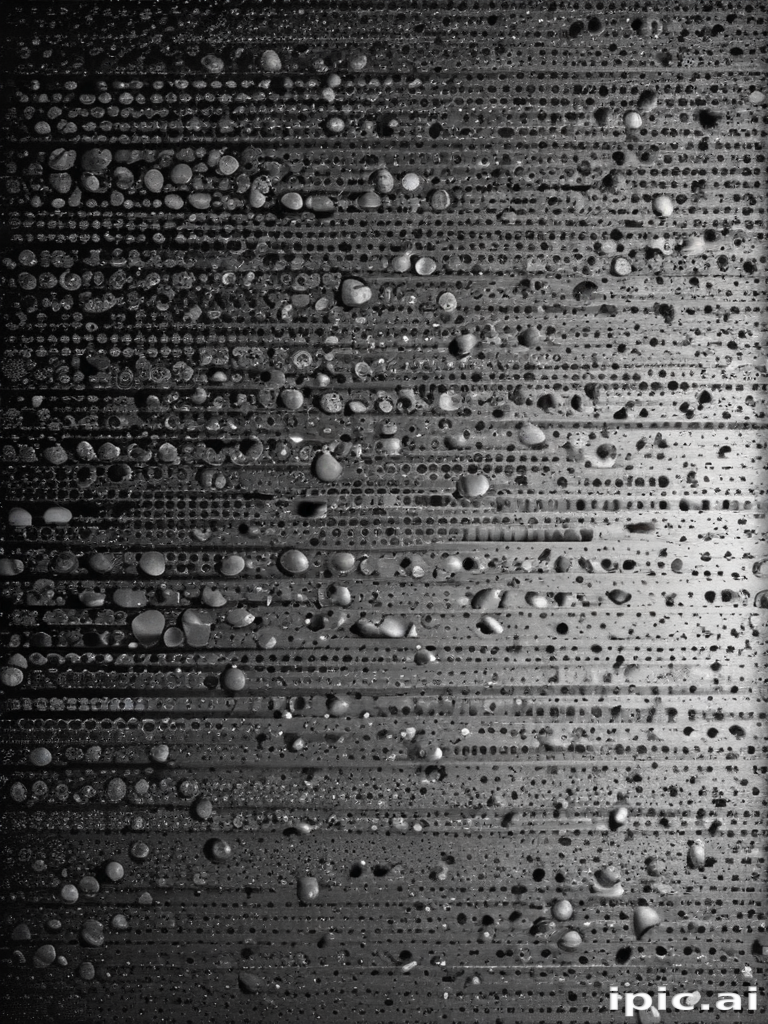 Close-Up of Water Droplets on a Metallic Surface Reflecting Light Patterns