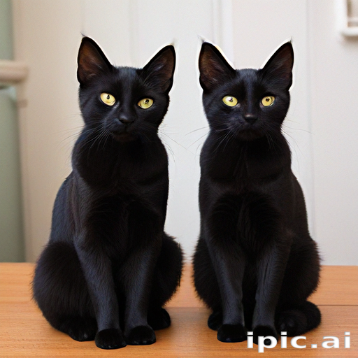 Two Identical Black Cats Sitting Together with Striking Yellow Eyes