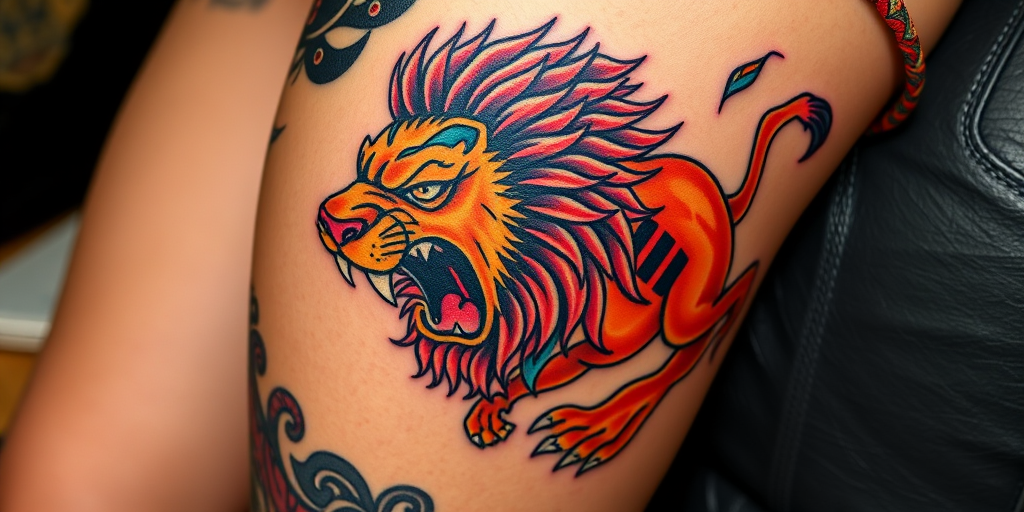 Vibrant neo-traditional tattoo of a fierce lion on the thigh, featuring bold outlines, saturated colors, and stylized elements, blending classic and modern tattooing techniques