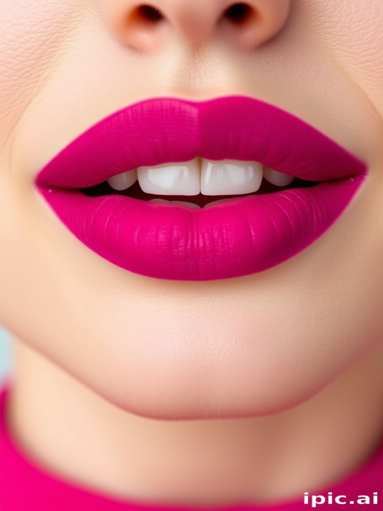 Vibrant fuchsia matte lipstick adorns full, pouty lips, creating a bold statement against pale skin, emphasizing the natural contours and subtle vertical lines