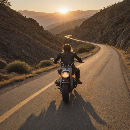 Winding mountain road at dusk, a woman rides a vintage motorcycle along the narrow path, the sun setting behind her as the open road stretches out ahead.