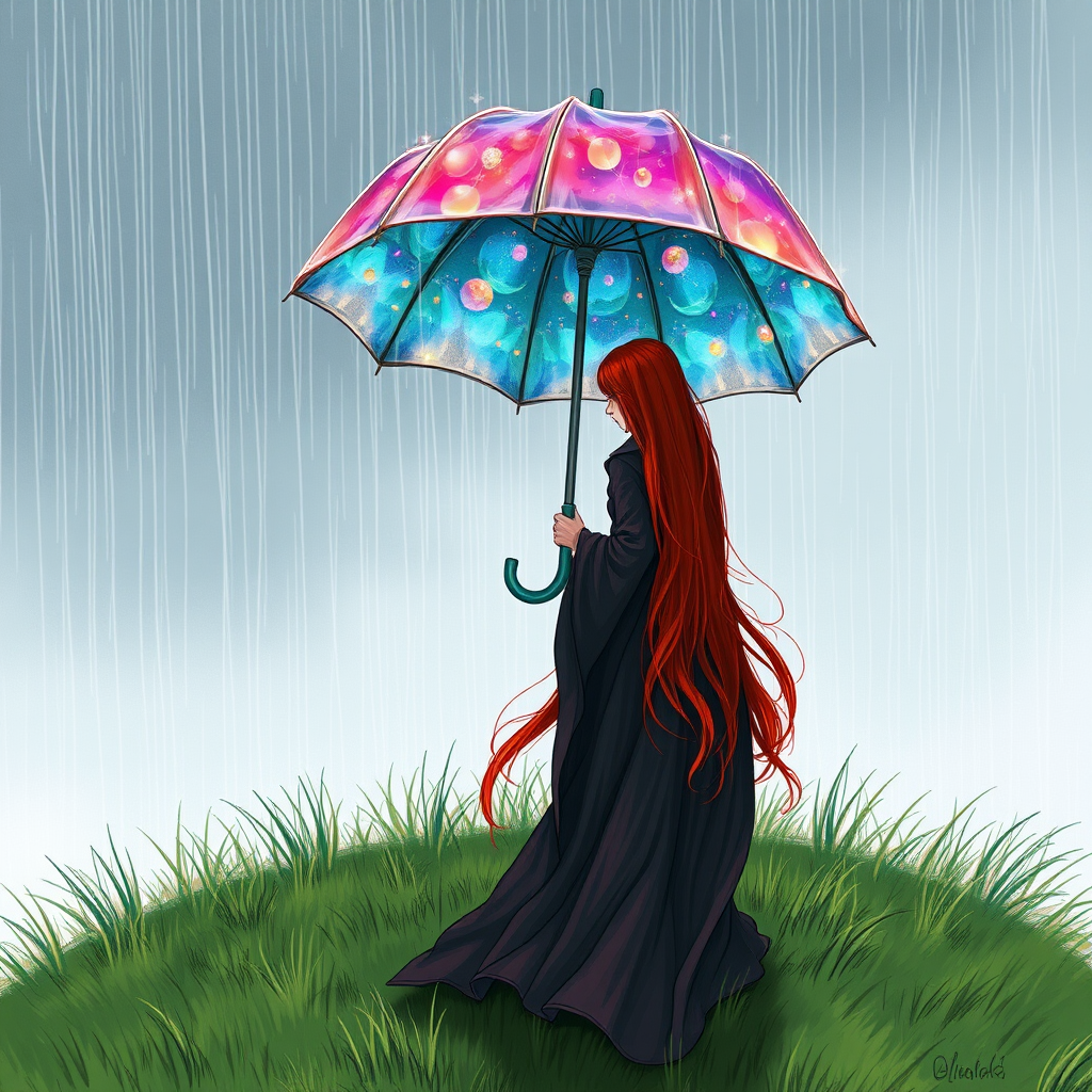 A surreal hand-drawn digital artwork depicting a mysterious red-haired woman standing on a grassy hill under the rain. She holds an umbrella crafted from iridescent zircon, its vibrant sheen contrasting with the soft, rainy atmosphere. The scene feels dreamlike, blending the natural elements of the hill and rain with the otherworldly shimmer of the umbrella.
