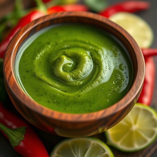 close-up shot of a vibrant green chili sauce in a wooden bowl, with fresh red chilies and lime slices around, soft diffuse lighting, 50mm lens, f/2.8, ISO 200, shallow depth of field, DSLR camera