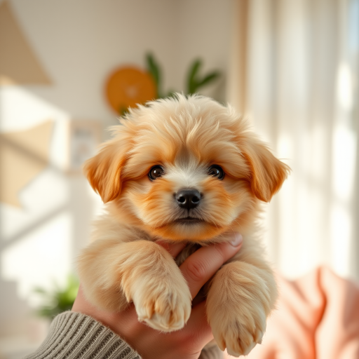Generate an image of a fluffy light brown puppy being held by a person with a cozy indoor background featuring sunlight and soft textures the puppy has a cute expression with big eyes and a small nose
