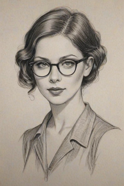 Captivating Michele Trachtenberg, pencil sketch, portrait of Elegant woman 1924s in glasses, hair style beatnik, outline, clear lines, fine lines, 8k