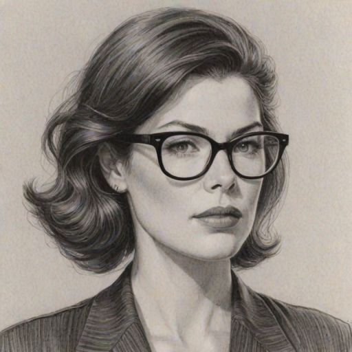 Beauteous Lara Flynn Boyle, pencil sketch, portrait of Enticing woman 1939s in glasses, hair style beatnik, outline, clear lines, fine lines, 8k