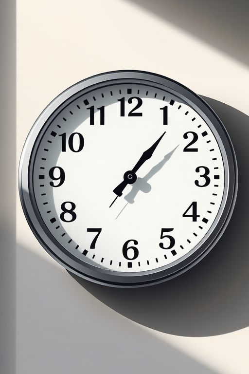 Create a detailed digital illustration of a wall clock showing 10:10, using a 50mm lens, f/8 aperture, ISO 100, captured in natural light, with a focus on clear lines and shadows to enhance depth.
