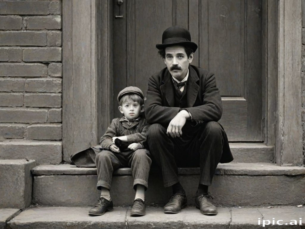 A black-and-white photograph of a man and a child sitting on steps in front of a doorway. The man is dressed as a tramp with a bowler hat, mustache, and ragged clothes, reminiscent of Charlie Chaplin's iconic look. He is sitting with his arms crossed and an expression of slight sadness or frustration. Next to him is a young boy, also in worn clothes and a cap, sitting with his hands clasped, looking thoughtful. The background is an old, textured wall and a partially open door, creating a vintage, early 20th-century atmosphere.
