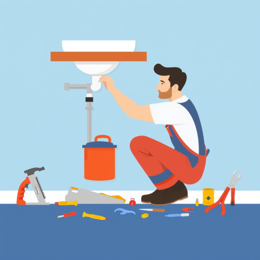 Generate a vector illustration of a person in work overalls fixing plumbing under a sink, surrounded by tools like a saw, hammer, pliers, and screwdrivers, using a flat design style, with a clean blue background, captured with a high-resolution digital camera at f/8 aperture, 1/250 shutter speed, ISO 100, medium close-up view for enhanced detail and clarity.