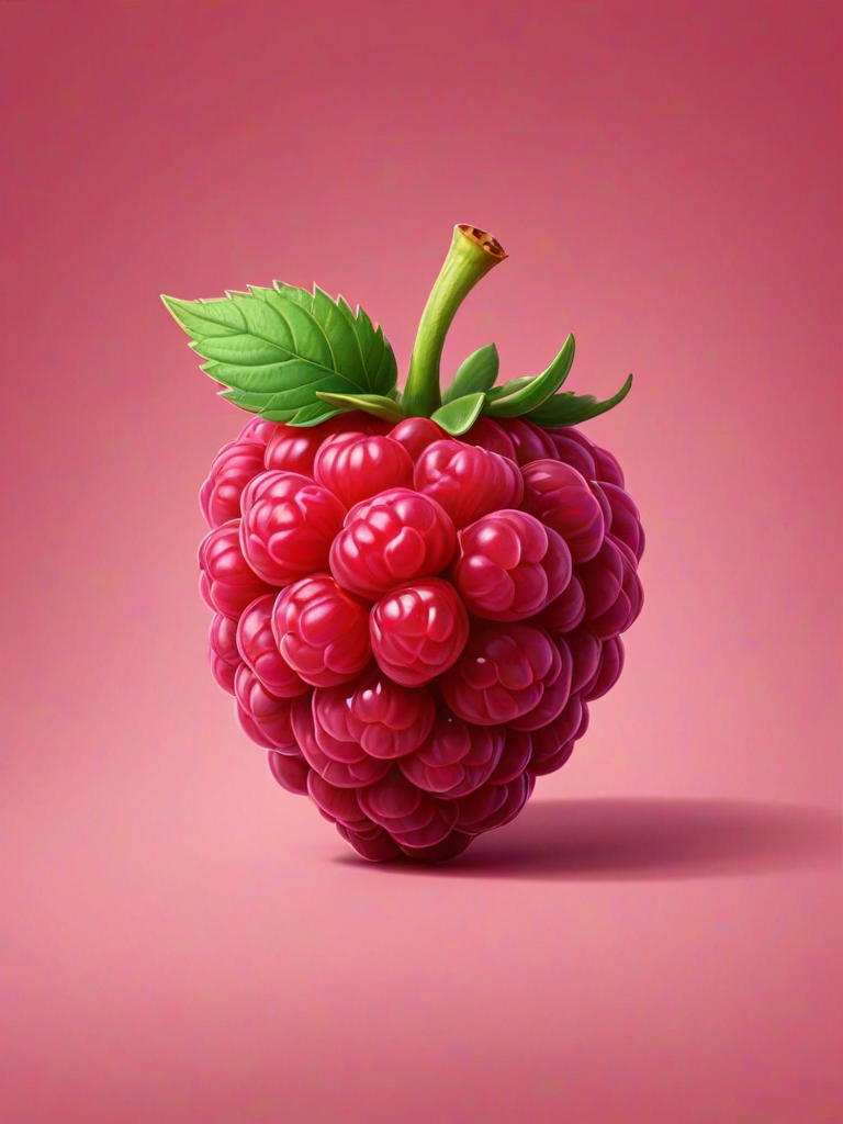 create a cartoon-style illustration of a raspberry with a vibrant pink background and a slight shadow beneath it