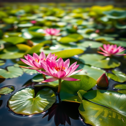 Capture a serene pond scene with vibrant pink water lilies and lush green lily pads under soft diffused lighting, use a macro lens with f/2.8 aperture to create a shallow depth of field, shot with a Canon EOS 5D Mark IV at ISO 200, 1/250 sec shutter speed for crisp details and rich colors.