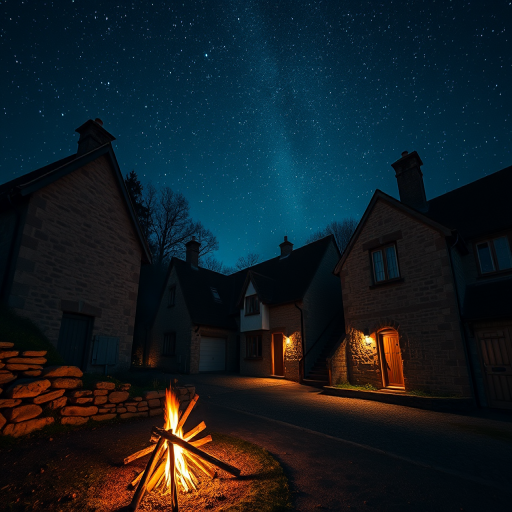 create a cozy village scene at night with stone houses and a bonfire in the foreground under a starry sky, using a DSLR camera, f/2.8 aperture, ISO 400, 24mm lens, long exposure to capture ambient light and enhance details