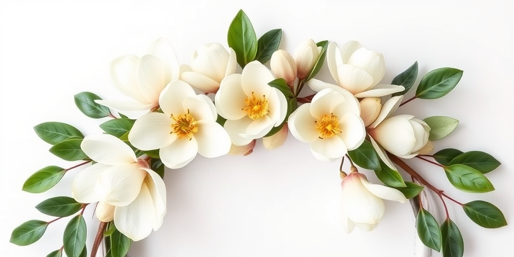 Create a floral wreath design featuring white magnolia flowers and greenery, with a soft white background, using a DSLR camera, f/2.8 aperture, 50mm lens, with a natural light setting for enhanced detail and clarity.