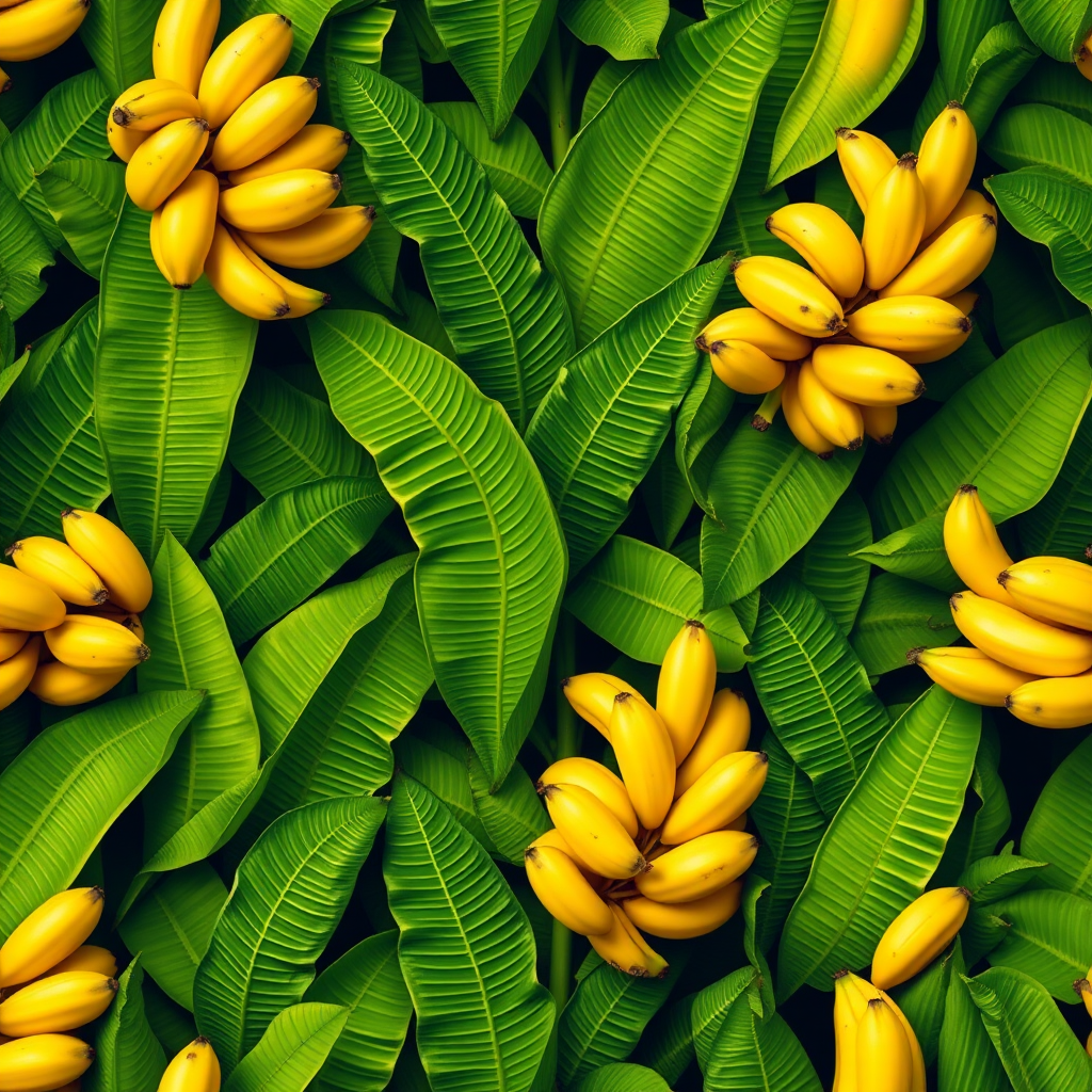 regenerate a seamless tropical banana pattern with vibrant green leaves and yellow bananas in a top-down view, use a DSLR camera at f/5.6, ISO 100, 24mm lens, and natural lighting to enhance color saturation and detail