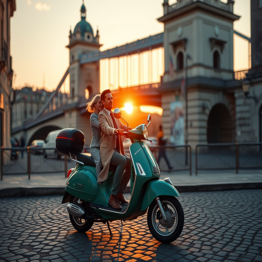 a vintage-style image of a couple riding a green scooter on a cobblestone street with a historic bridge in the background during sunset, captured with a DSLR camera, 50mm lens, aperture f/2.8, ISO 100, 1/200s shutter speed, shallow depth of field for enhanced focus on the scooter and softened background.