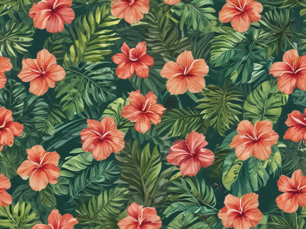 Vibrant Tropical Floral Pattern Featuring Hibiscus Flowers and Lush ...