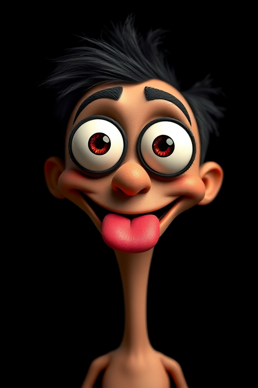 Create a cartoonish character with large expressive eyes and a small mouth, bright red tongue, against a solid black background, with a Canon EOS R5, 50mm lens, f/1.8 aperture, ISO 100, and soft natural lighting to enhance image quality.