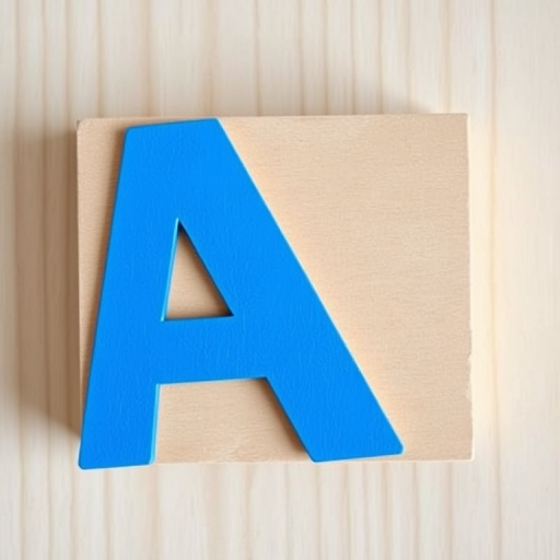 Create a stylized wooden alphabet block with a large blue letter 'A' on a light wood background, shot with a DSLR camera at f/8 aperture, 50mm lens, ISO 100, top-down view, in high definition, emphasizing texture and color contrast.