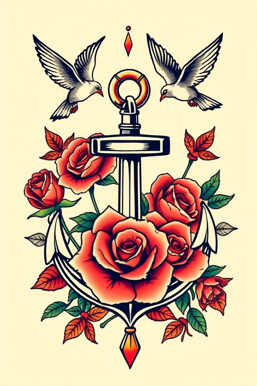 Traditional American tattoo style piece called "Sailor's Fortune" with bold outlines and bright primary colors featuring classic motifs like anchors roses and swallows arranged in a nostalgic nautical composition