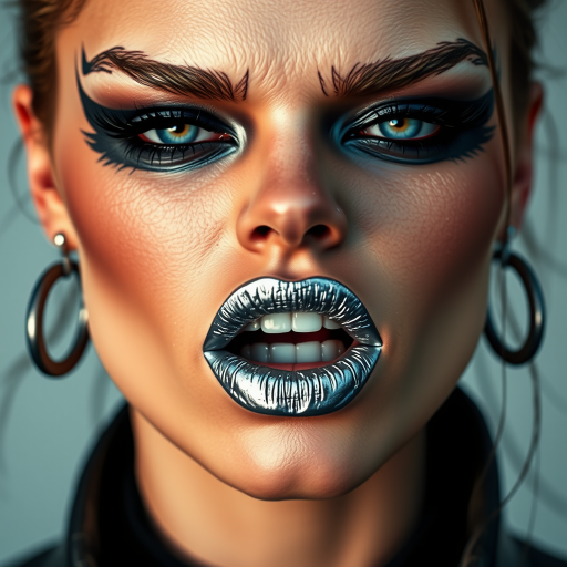 Fierce woman lips adorned with metallic silver lipstick and dark outline, full face image portraying futuristic edge and rebellious spirit