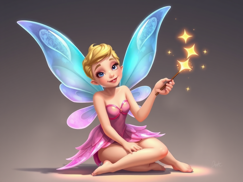 Create an illustration of a fairy with translucent blue and pink wings, sitting gracefully with a playful expression, holding a sparkling wand that casts magical stars, in vibrant colors with high detail, using digital art techniques, shot from a low angle for a whimsical perspective, styled as a fantasy art piece.