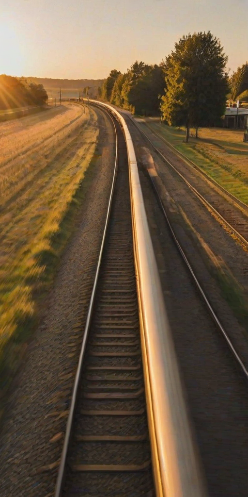 Blurry shot of a train speeding past at a rural station at sunset, with soft golden hues casting long shadows on the platform, and distant fields barely visible in the background.