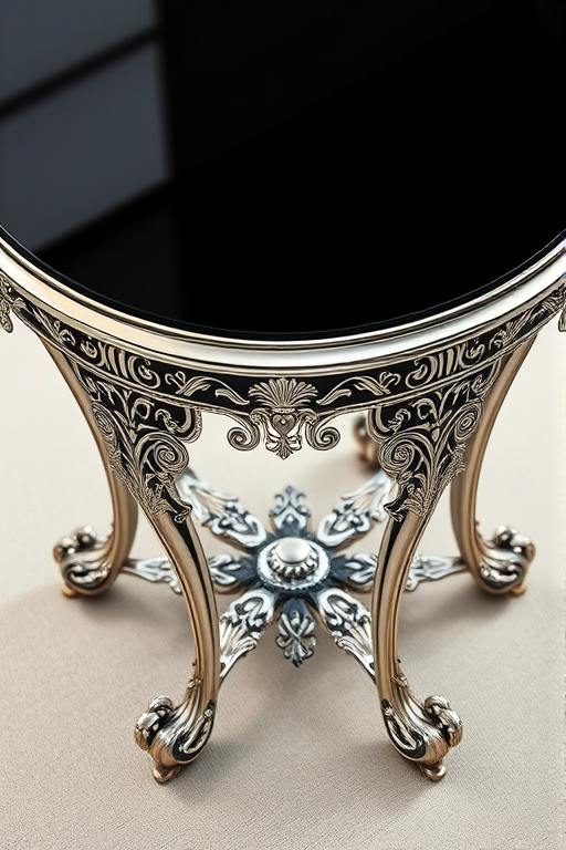 Create a highly detailed illustration of an ornate table with intricate silver leg designs and a glossy black surface, captured with a high-resolution DSLR camera, 50mm lens, f/2.8 aperture, ISO 200, top-down view, studio lighting, and a shallow depth of field for a creamy background blur.