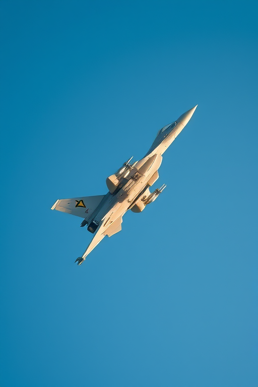 capture a high-resolution image of a military jet in flight against a clear blue sky, using a DSLR camera with a 50mm lens, at f/8 aperture, ISO 200, shutter speed 1/1000s, capturing it from a low angle to emphasize the aircraft's details and speed