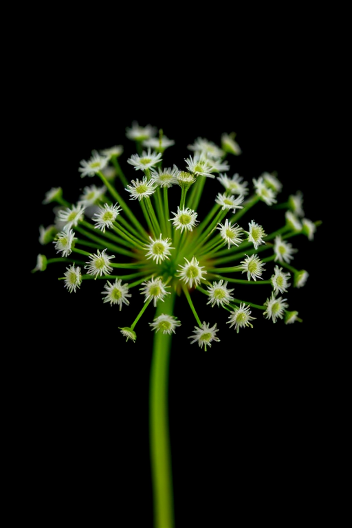 macro shot of a dill flower cluster against a black background, using a DSLR camera with a 100mm f/2.8 macro lens, aperture f/8, shutter speed 1/200s, ISO 200, and natural lighting for enhanced detail and color vibrancy