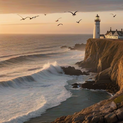 Soft-focus image of a lighthouse standing tall on a rocky cliff at sunrise, with soft golden light illuminating the waves crashing below and a flock of seagulls flying overhead.