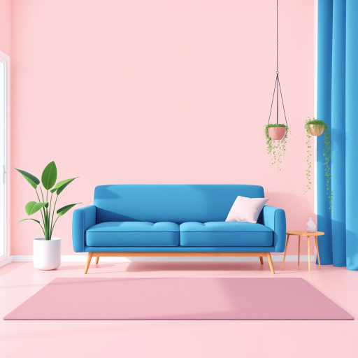 Create a minimalist digital illustration of a modern blue sofa in a bright, airy living space with a pastel pink background, include a potted plant with large leaves beside the sofa, a small side table, and a hanging planter with a trailing plant, use a wide-angle lens, f/2.8 aperture, 24mm focal length, and soft diffused lighting to enhance texture and color vibrancy.